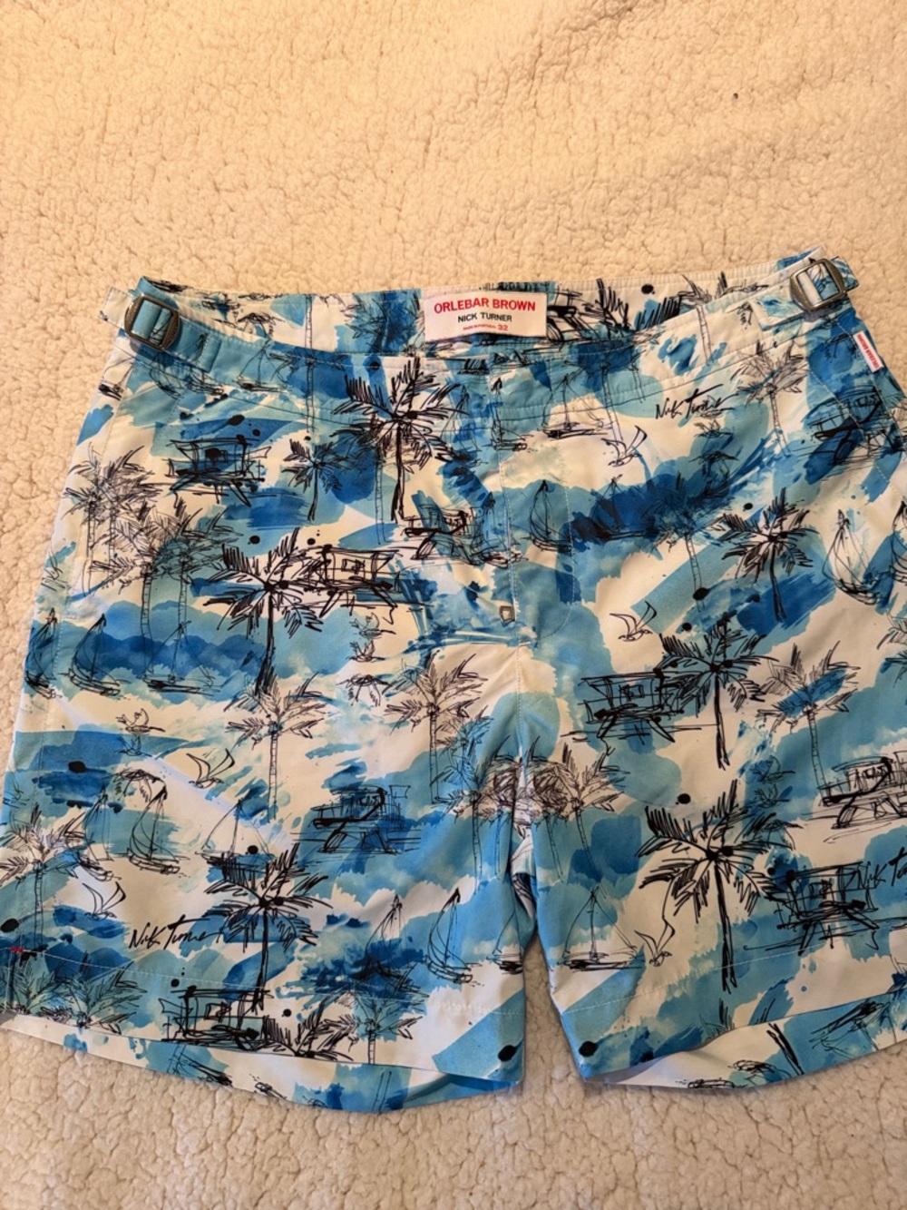Orlebar Brown White and Blue Tropical Print Swim Shorts size 32 Nick Turner